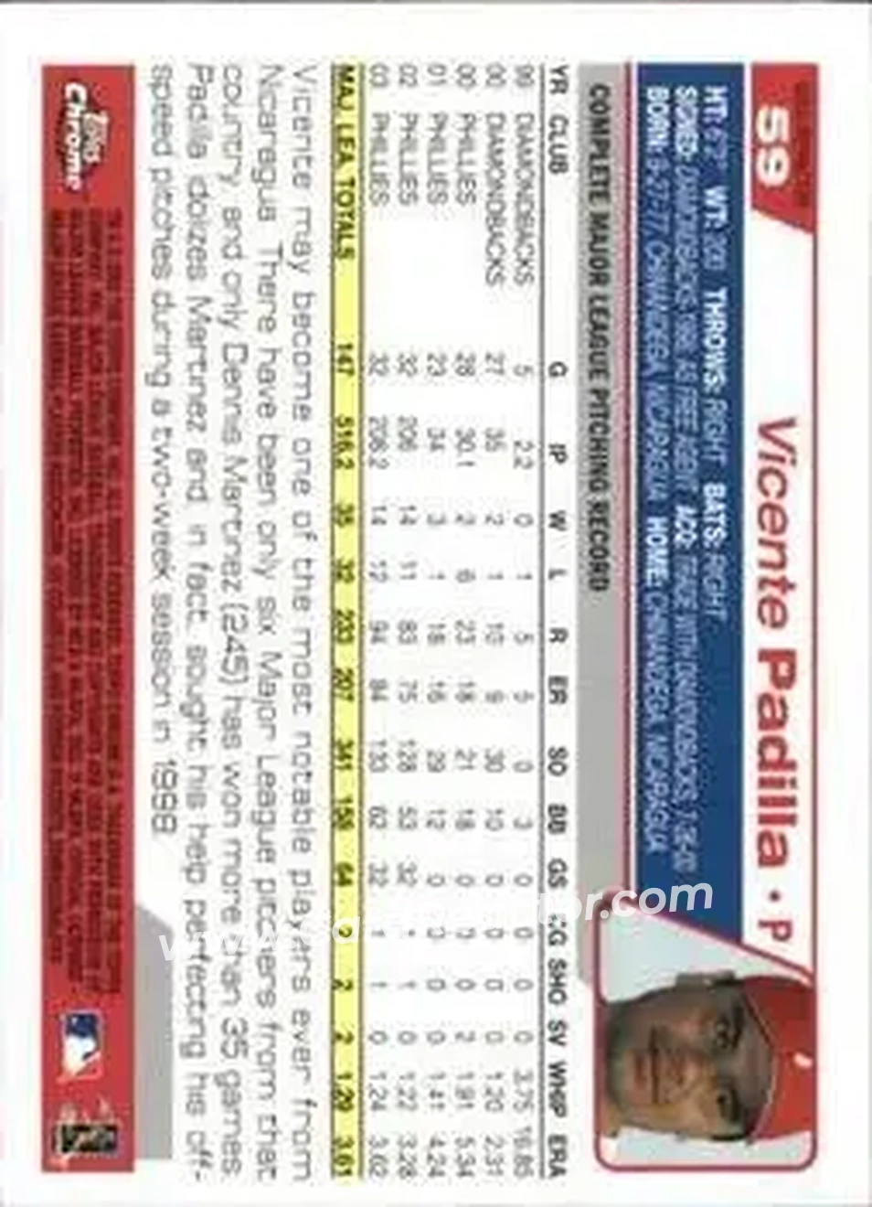 2004 Topps Chrome - Gold Refractors #59 - Vicente Padilla - Philadelphia Phillies - Back