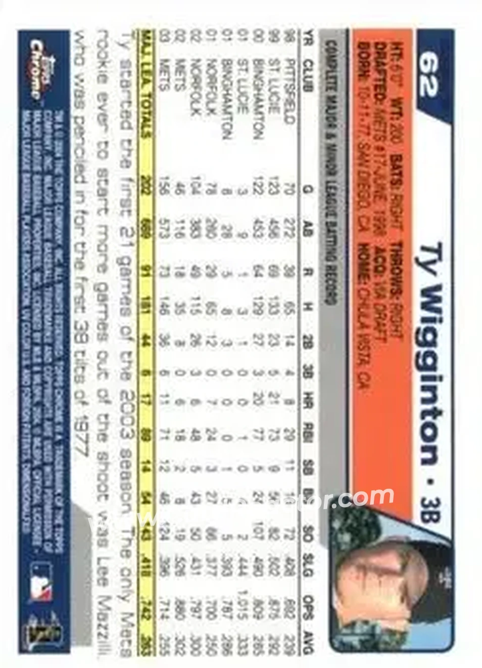 2004 Topps Chrome - Gold Refractors #62 - Ty Wigginton - New York Mets - Back