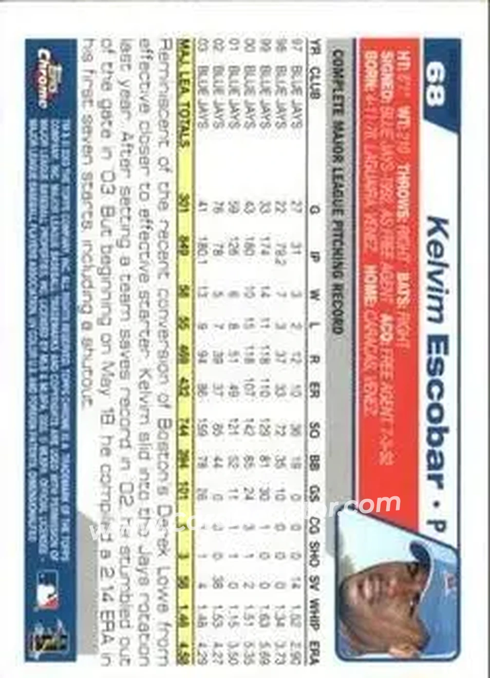 2004 Topps Chrome - Gold Refractors #68 - Kelvim Escobar - Toronto Blue Jays - Back