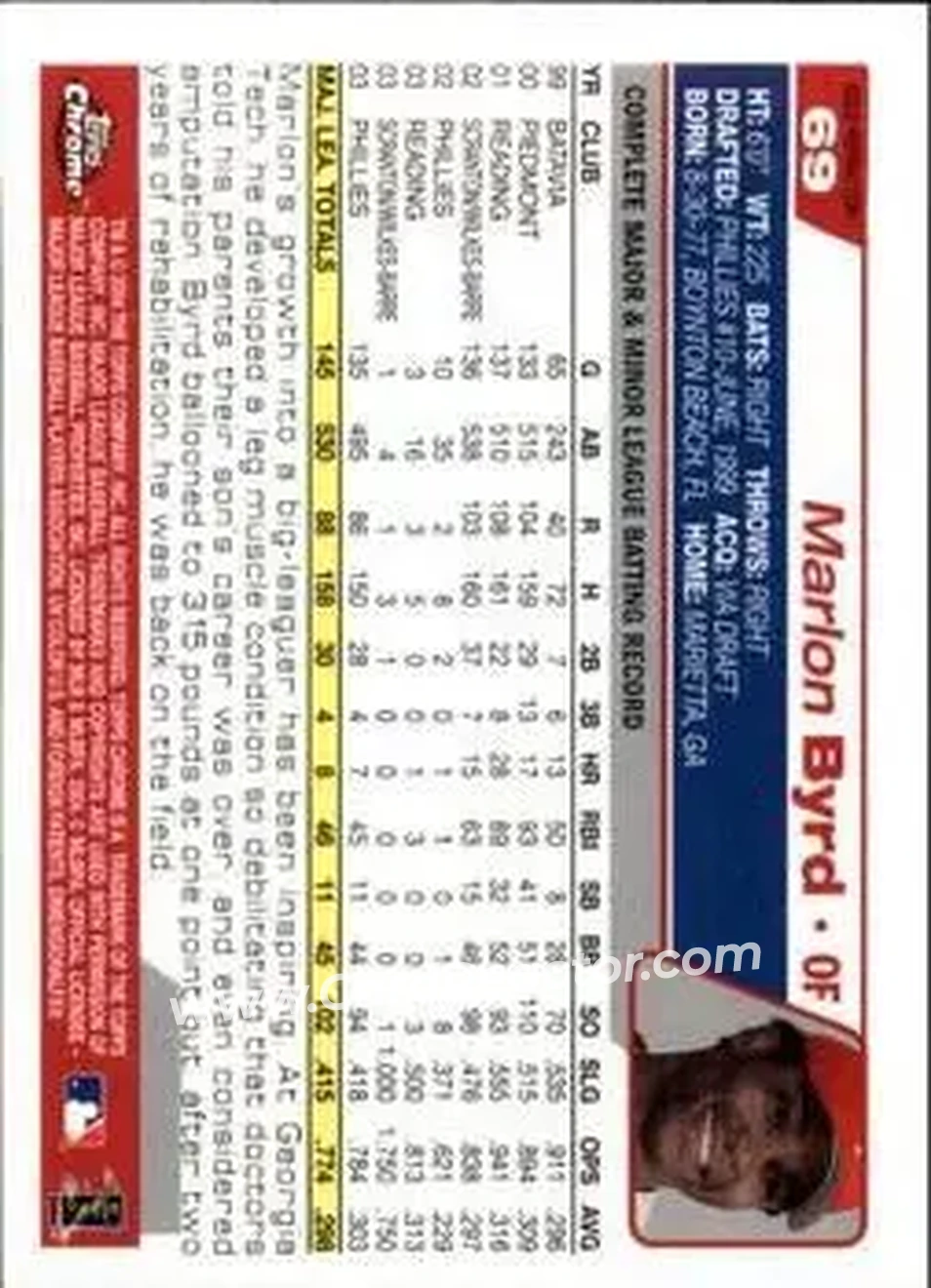 2004 Topps Chrome - Gold Refractors #69 - Marlon Byrd - Philadelphia Phillies - Back