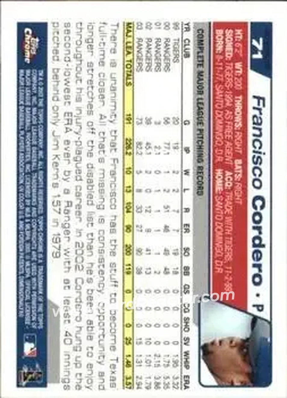 2004 Topps Chrome - Gold Refractors #71 - Francisco Cordero - Texas Rangers - Back