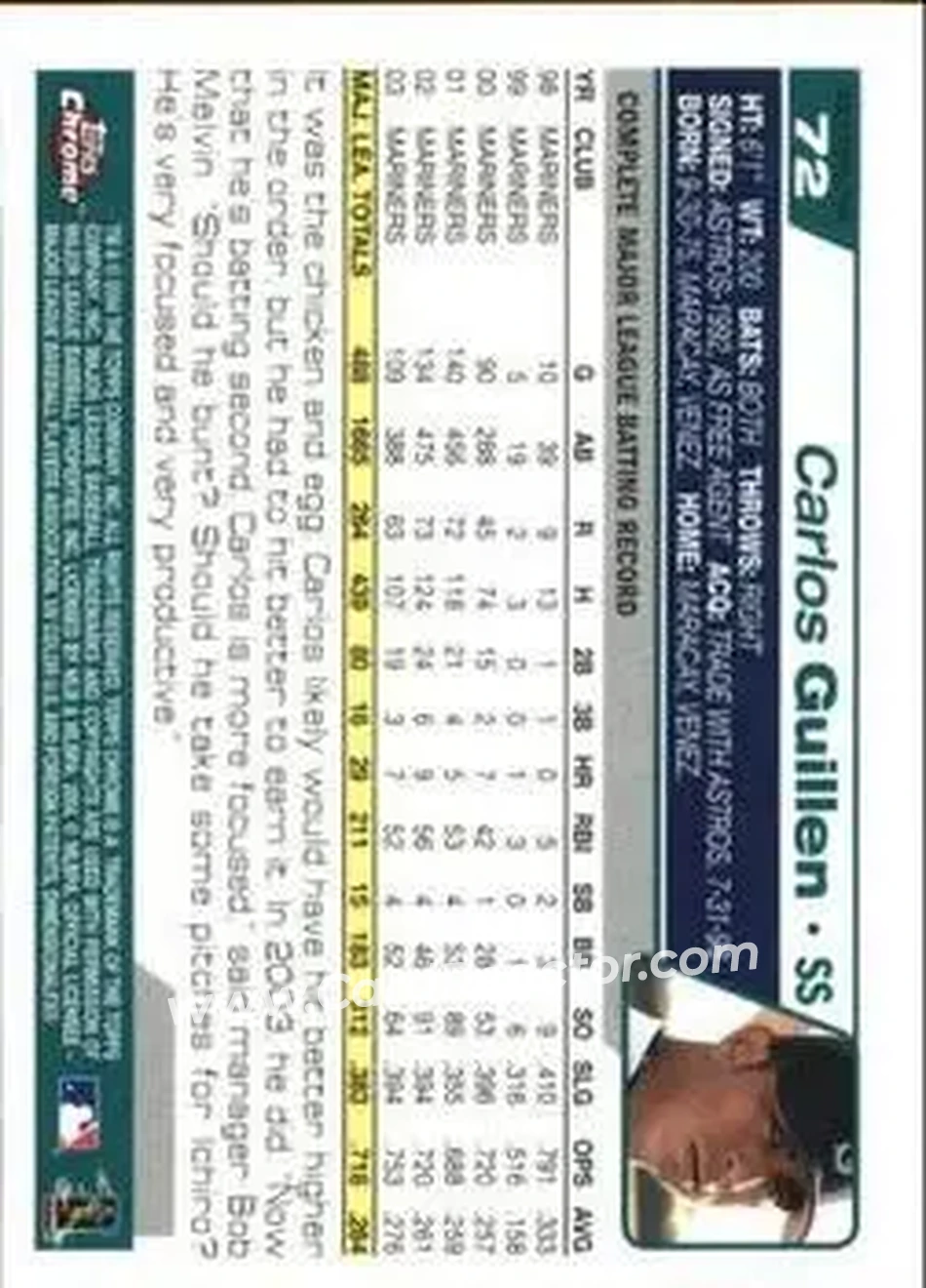 2004 Topps Chrome - Gold Refractors #72 - Carlos Guillen - Seattle Mariners - Back