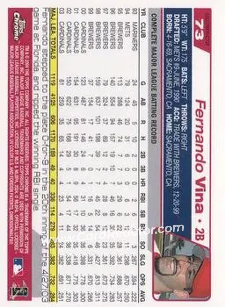 2004 Topps Chrome - Gold Refractors #73 - Fernando Vina - St. Louis Cardinals - Back
