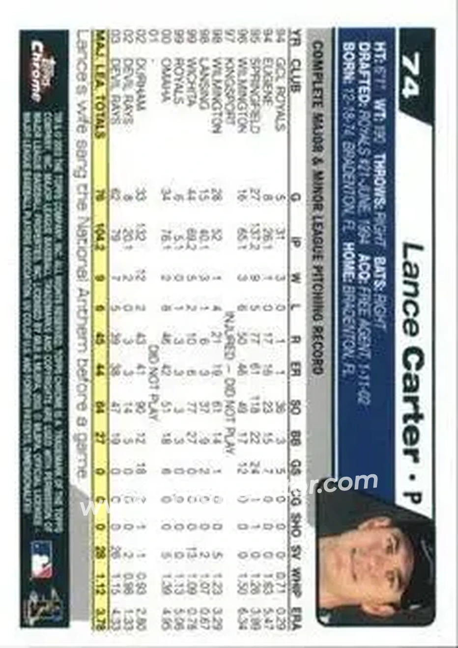 2004 Topps Chrome - Gold Refractors #74 - Lance Carter - Tampa Bay Devil Rays - Back