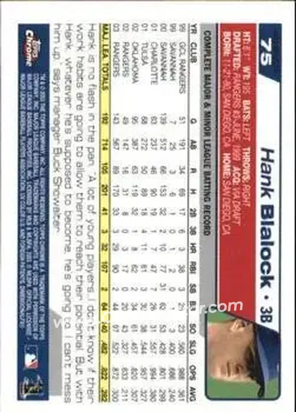 2004 Topps Chrome - Gold Refractors #75 - Hank Blalock - Texas Rangers - Back