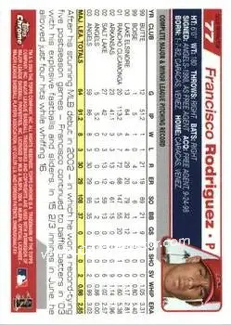 2004 Topps Chrome - Gold Refractors #77 - Francisco Rodriguez - Anaheim Angels - Back