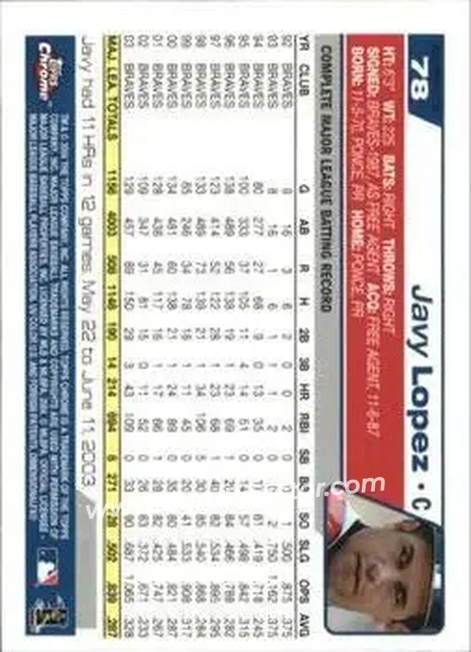 2004 Topps Chrome - Gold Refractors #78 - Javier Lopez - Atlanta Braves - Back