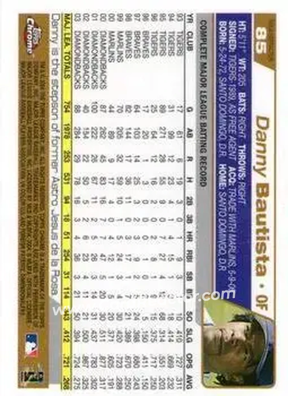 2004 Topps Chrome - Gold Refractors #85 - Danny Bautista - Arizona Diamondbacks - Back