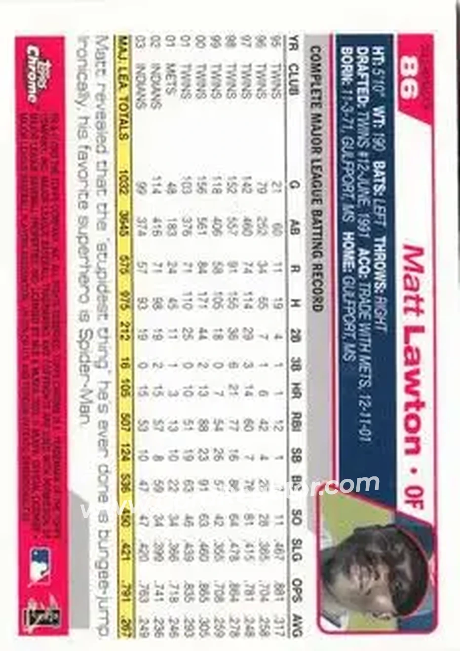 2004 Topps Chrome - Gold Refractors #86 - Matt Lawton - Cleveland Indians - Back