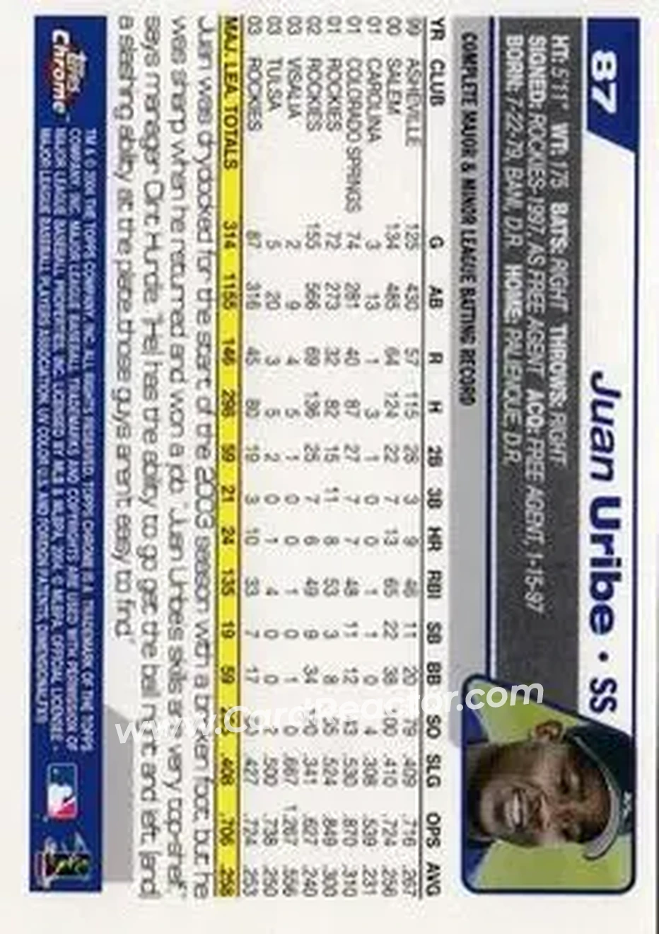 2004 Topps Chrome - Gold Refractors #87 - Juan Uribe - Colorado Rockies - Back