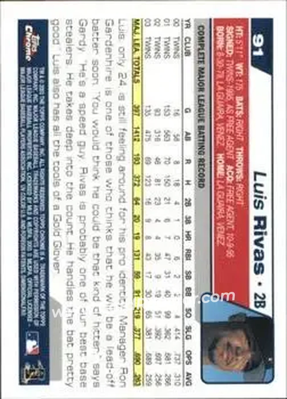 2004 Topps Chrome - Gold Refractors #91 - Luis Rivas - Minnesota Twins - Back