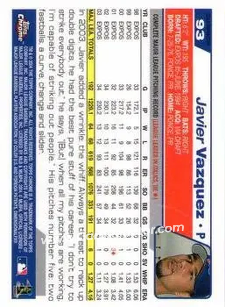2004 Topps Chrome - Gold Refractors #93 - Javier Vazquez - Montreal Expos - Back