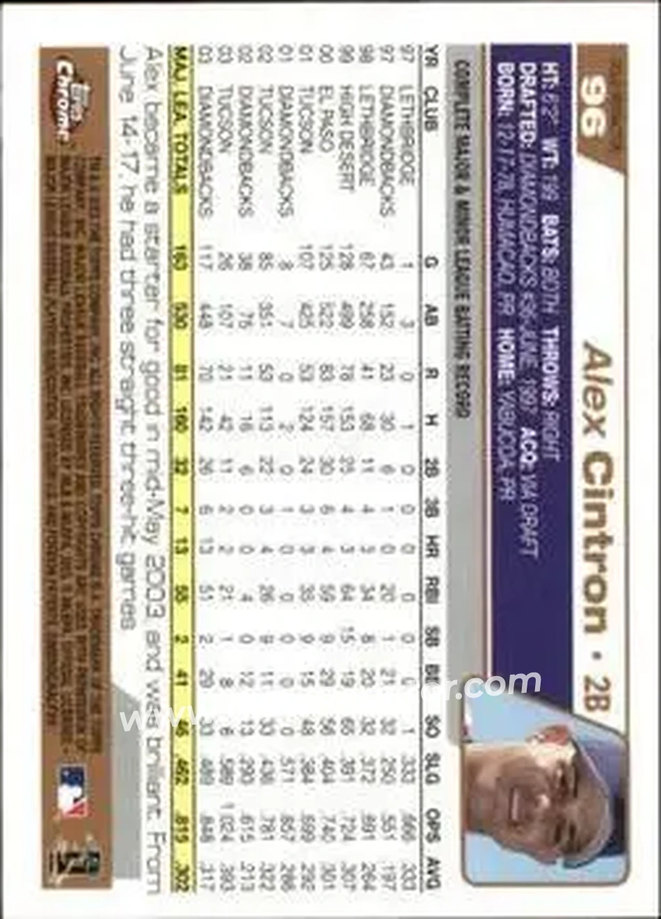 2004 Topps Chrome - Gold Refractors #96 - Alex Cintron - Arizona Diamondbacks - Back