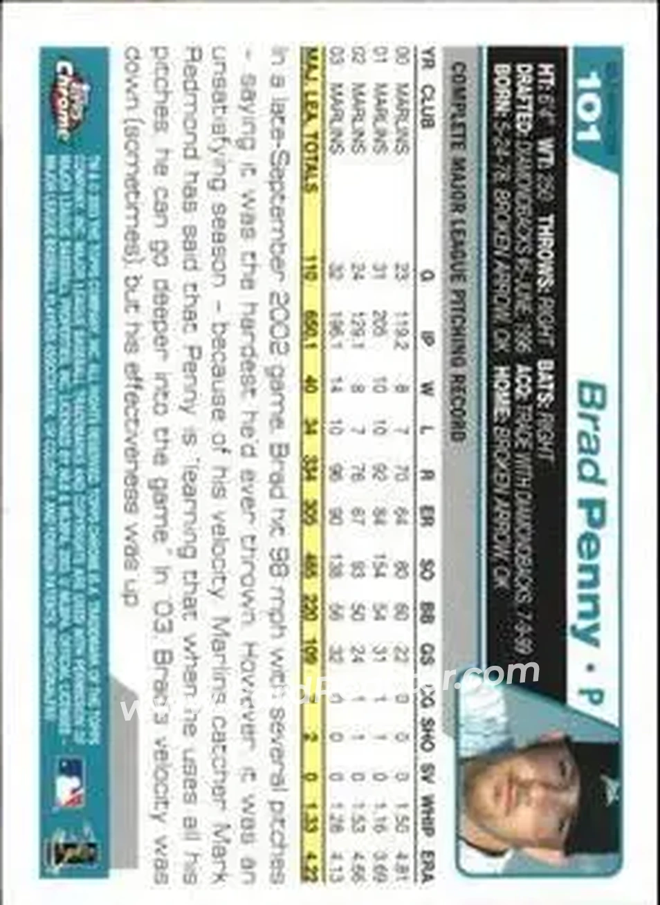 2004 Topps Chrome - Gold Refractors #101 - Brad Penny - Florida Marlins - Back