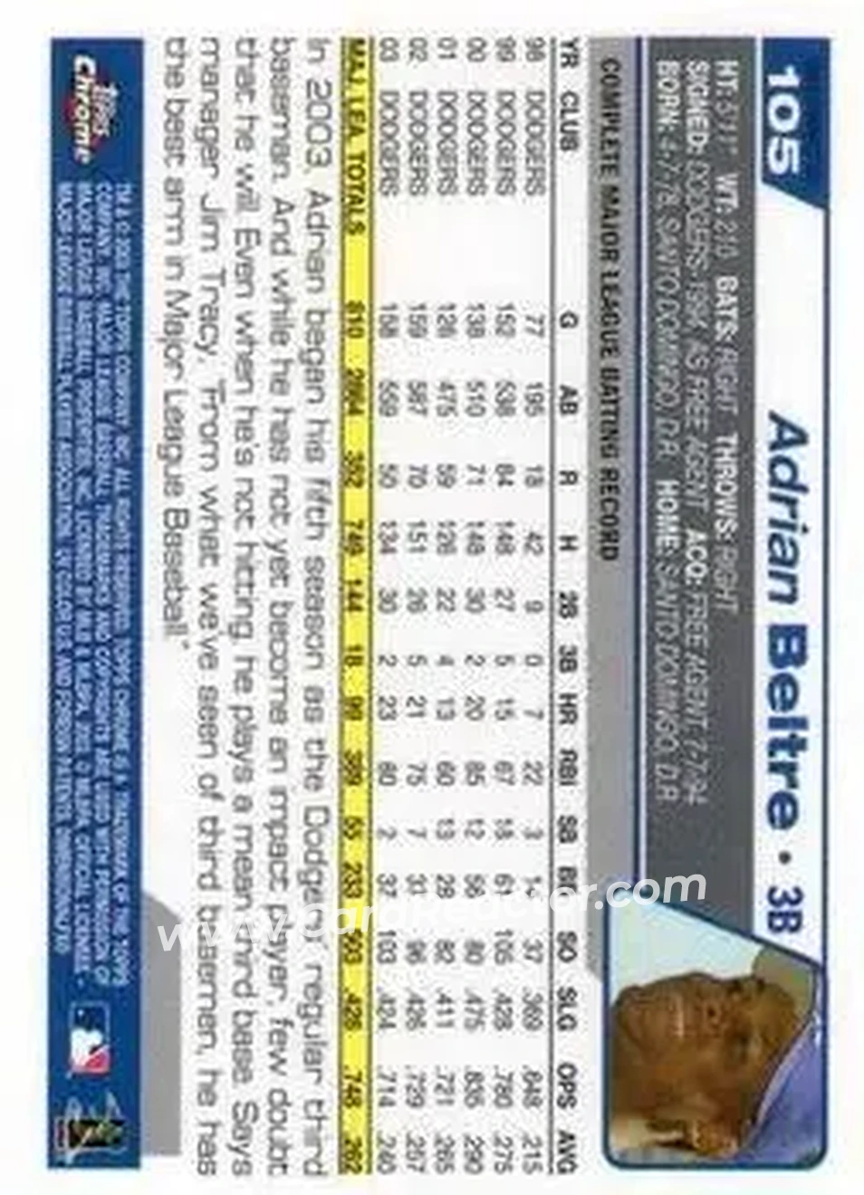 2004 Topps Chrome - Gold Refractors #105 - Adrian Beltré - Los Angeles Dodgers - Back