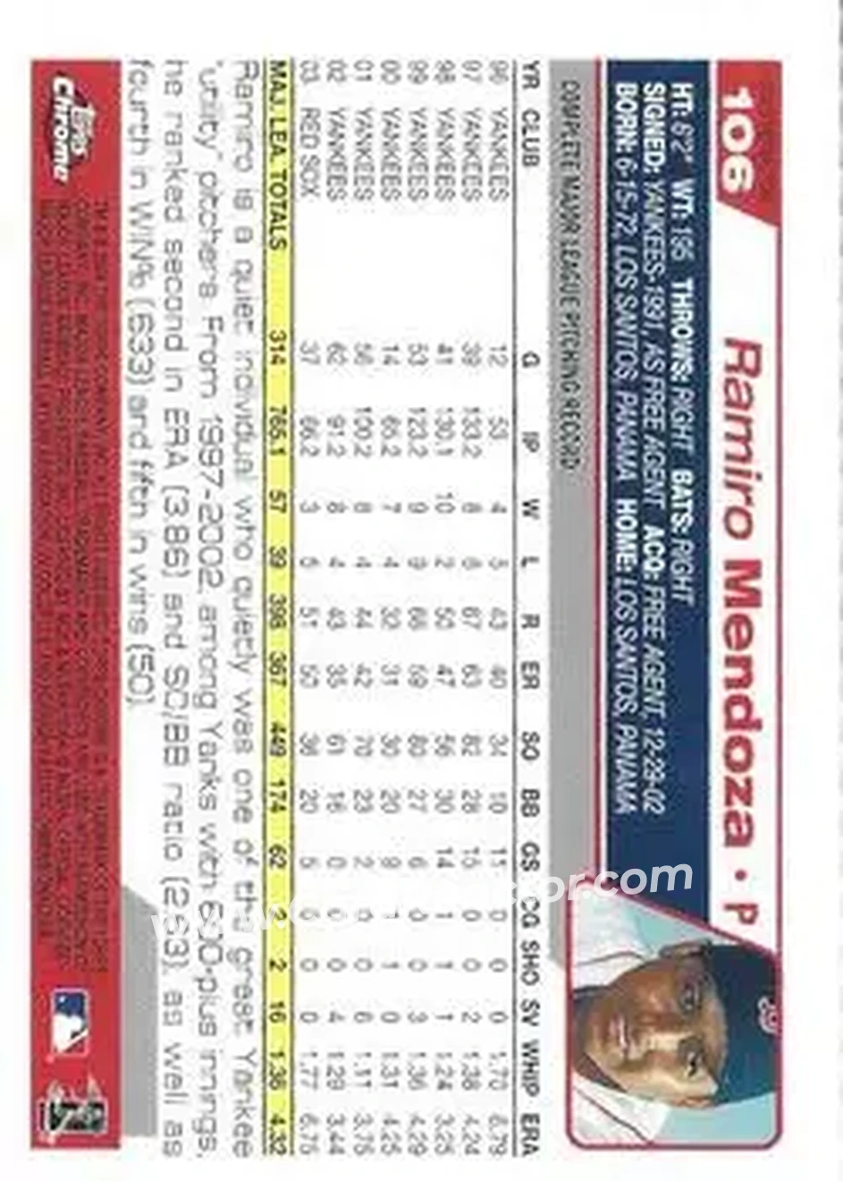 2004 Topps Chrome - Gold Refractors #106 - Ramiro Mendoza - Boston Red Sox - Back