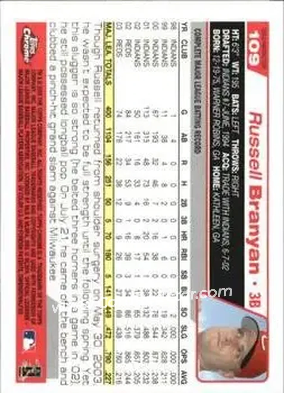 2004 Topps Chrome - Gold Refractors #109 - Russell Branyan - Cincinnati Reds - Back