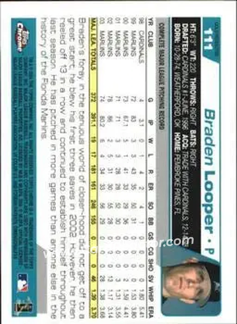 2004 Topps Chrome - Gold Refractors #111 - Braden Looper - Florida Marlins - Back