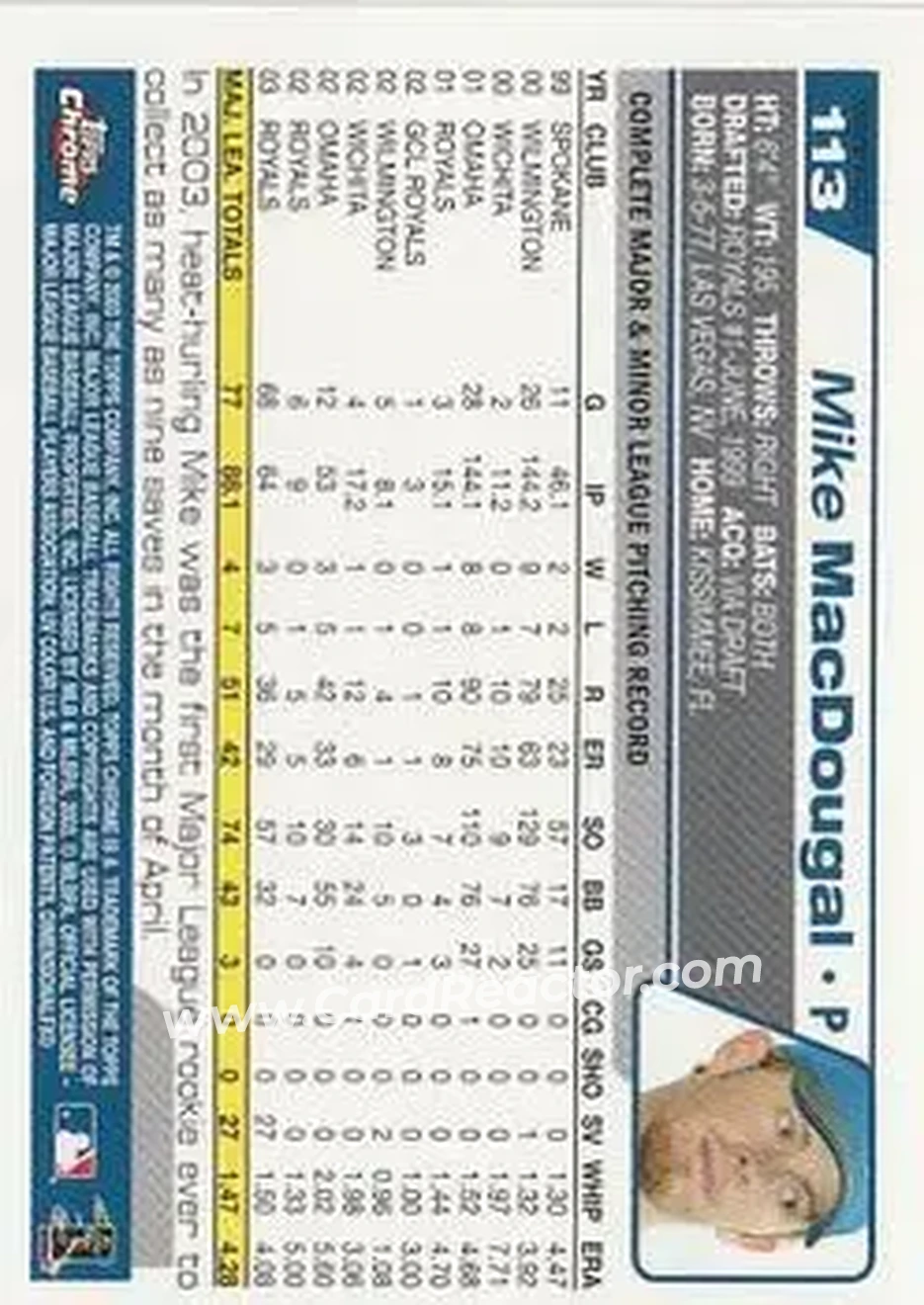 2004 Topps Chrome - Gold Refractors #113 - Mike MacDougal - Kansas City Royals - Back