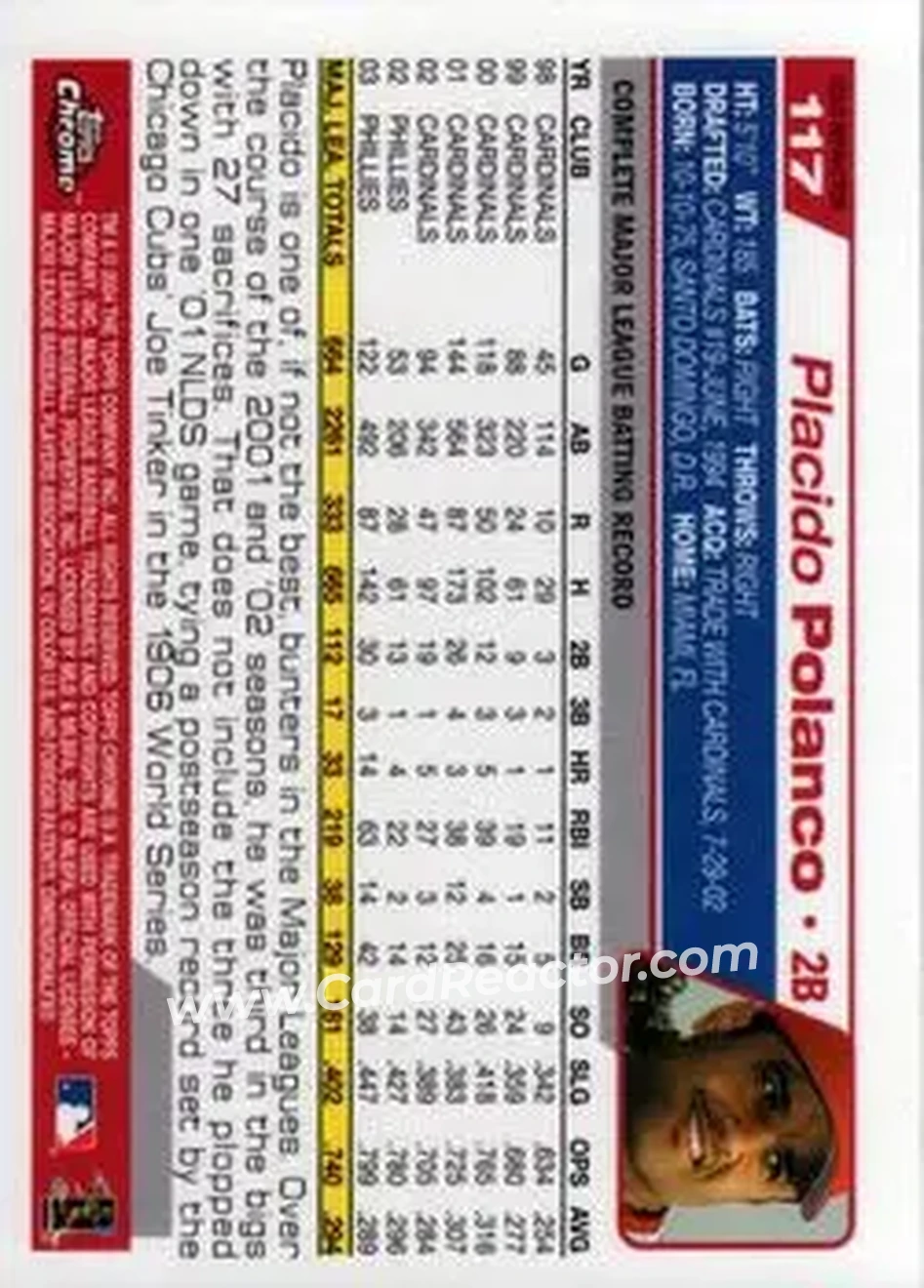 2004 Topps Chrome - Gold Refractors #117 - Placido Polanco - Philadelphia Phillies - Back