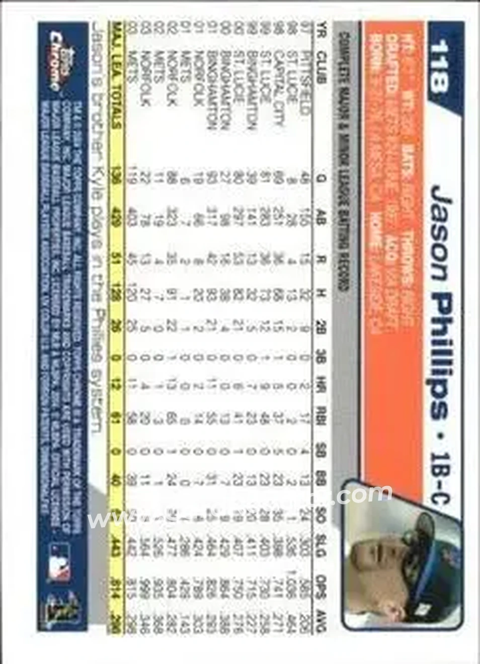 2004 Topps Chrome - Gold Refractors #118 - Jason Phillips - New York Mets - Back
