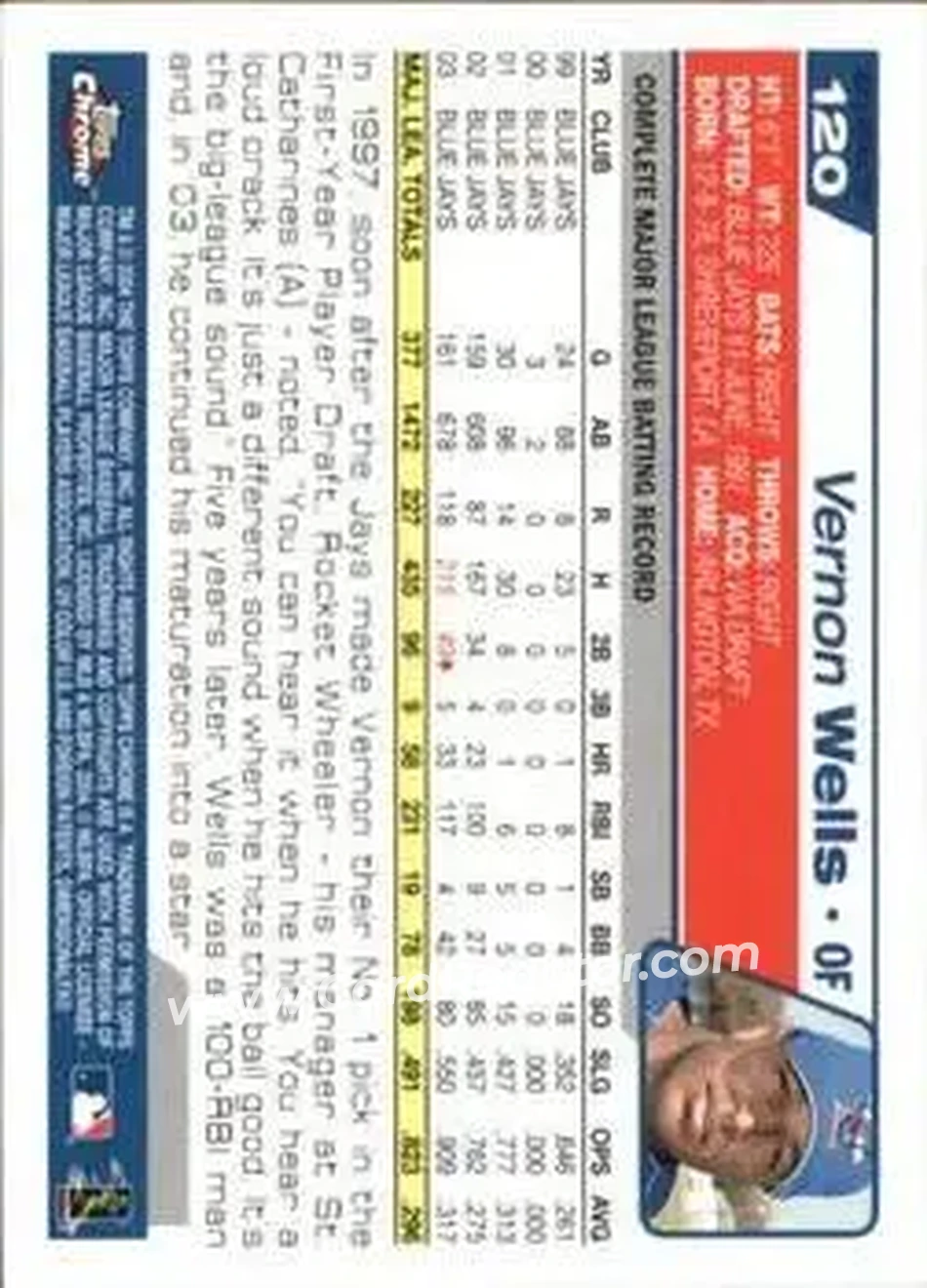 2004 Topps Chrome - Gold Refractors #120 - Vernon Wells - Toronto Blue Jays - Back