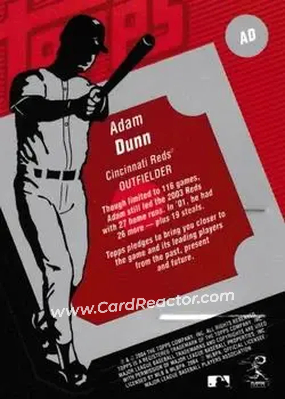 2004 Topps Clubhouse Collection #AD - Adam Dunn - Cincinnati Reds - Back