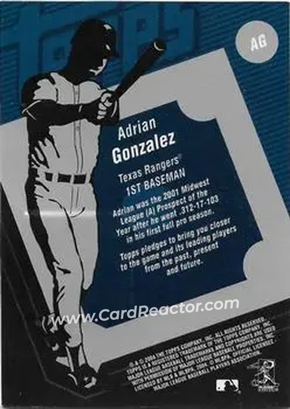 2004 Topps Clubhouse Collection #AG - Adrian Gonzalez - Texas Rangers - Back