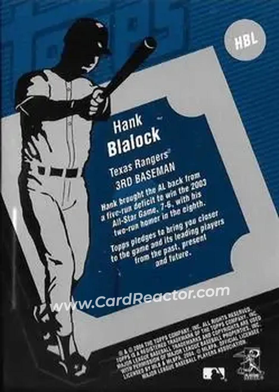 2004 Topps Clubhouse Collection #HBL - Hank Blalock - Texas Rangers - Back