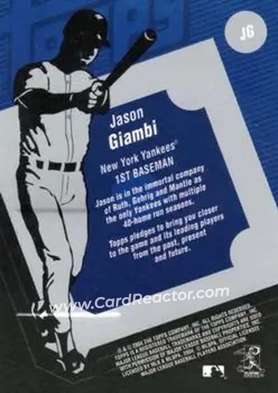 2004 Topps Clubhouse Collection #JG - Jason Giambi - New York Yankees - Back 2004 Topps Clubhouse Collection #JG - Jason Giambi - New York Yankees - Back