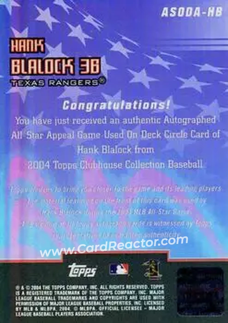 2004 Topps Clubhouse Collection - All-Star Appeal Relics Autographs On-Deck Circle #ASODA-HB - Hank Blalock - Texas Rangers - Back