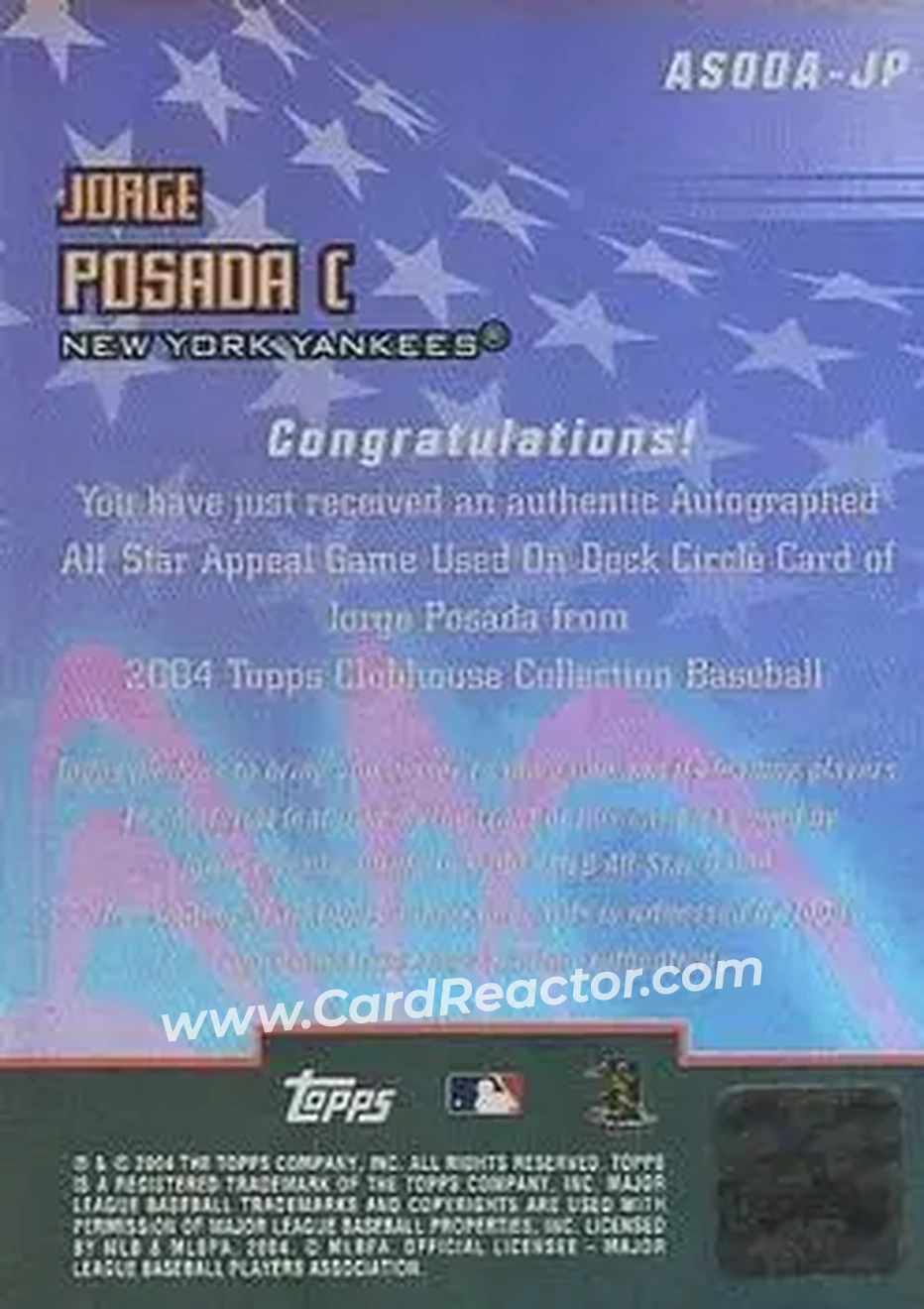 2004 Topps Clubhouse Collection - All-Star Appeal Relics Autographs On-Deck Circle #ASODA-JP - Jorge Posada - New York Yankees - Back
