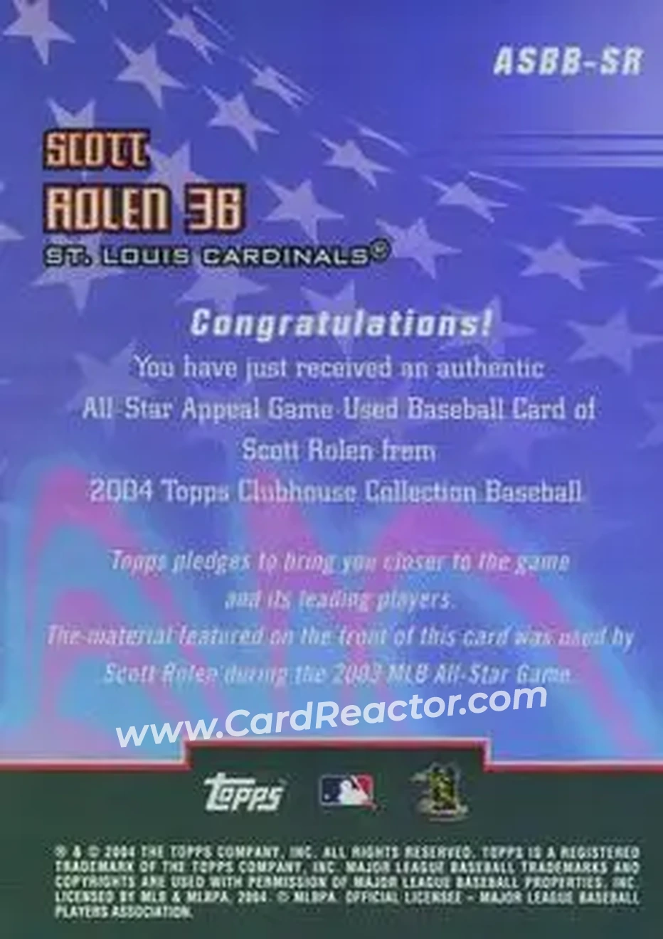 2004 Topps Clubhouse Collection - All-Star Appeal Relics Ball #ASBB-SR - Scott Rolen - St. Louis Cardinals - Back