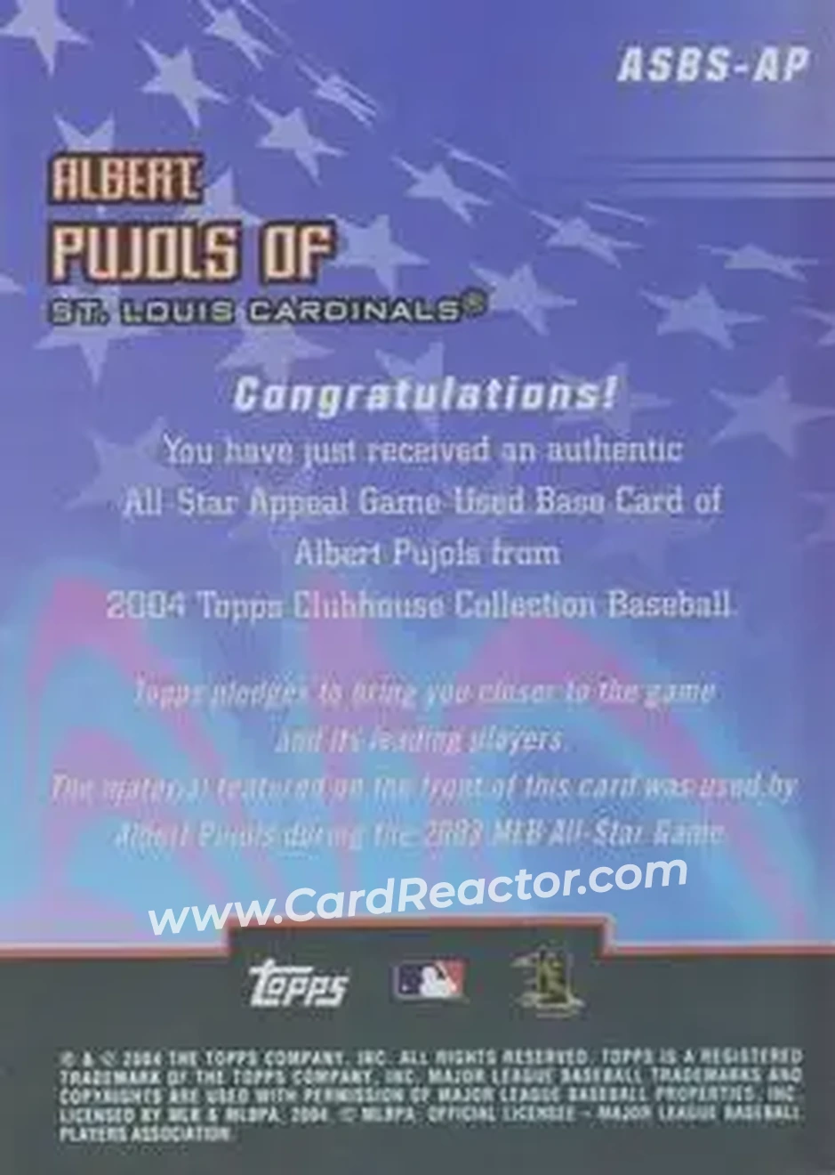 2004 Topps Clubhouse Collection - All-Star Appeal Relics Base #ASBS-AP - Albert Pujols - St. Louis Cardinals - Back 2004 Topps Clubhouse Collection - All-Star Appeal Relics Base #ASBS-AP - Albert Pujols - St. Louis Cardinals - Back
