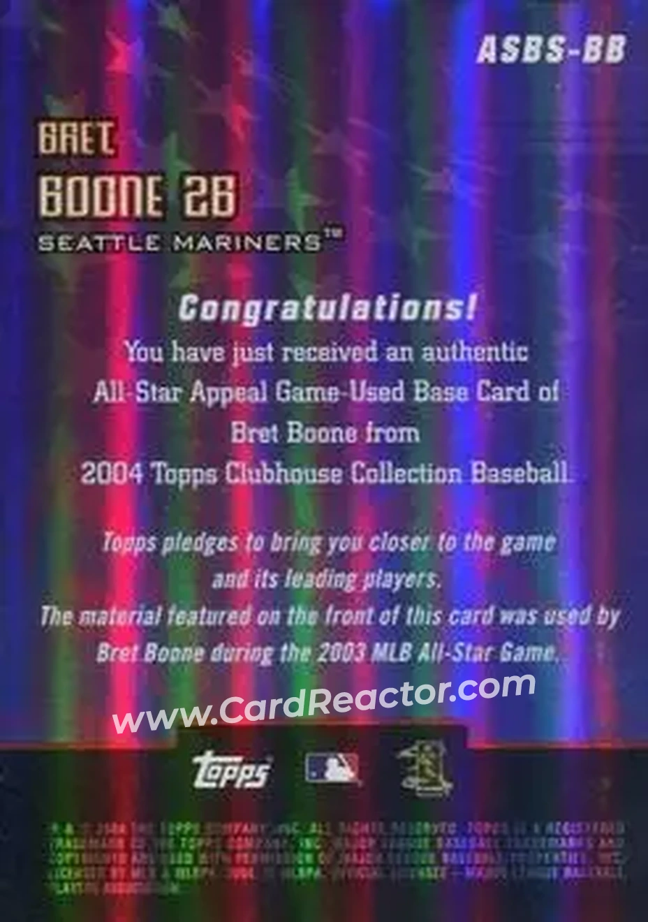 2004 Topps Clubhouse Collection - All-Star Appeal Relics Base #ASBS-BB - Bret Boone - Seattle Mariners - Back