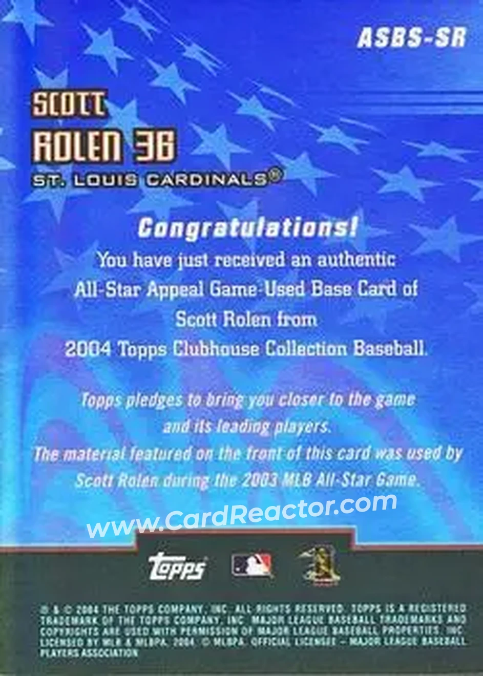 2004 Topps Clubhouse Collection - All-Star Appeal Relics Base #ASBS-SR - Scott Rolen - St. Louis Cardinals - Back