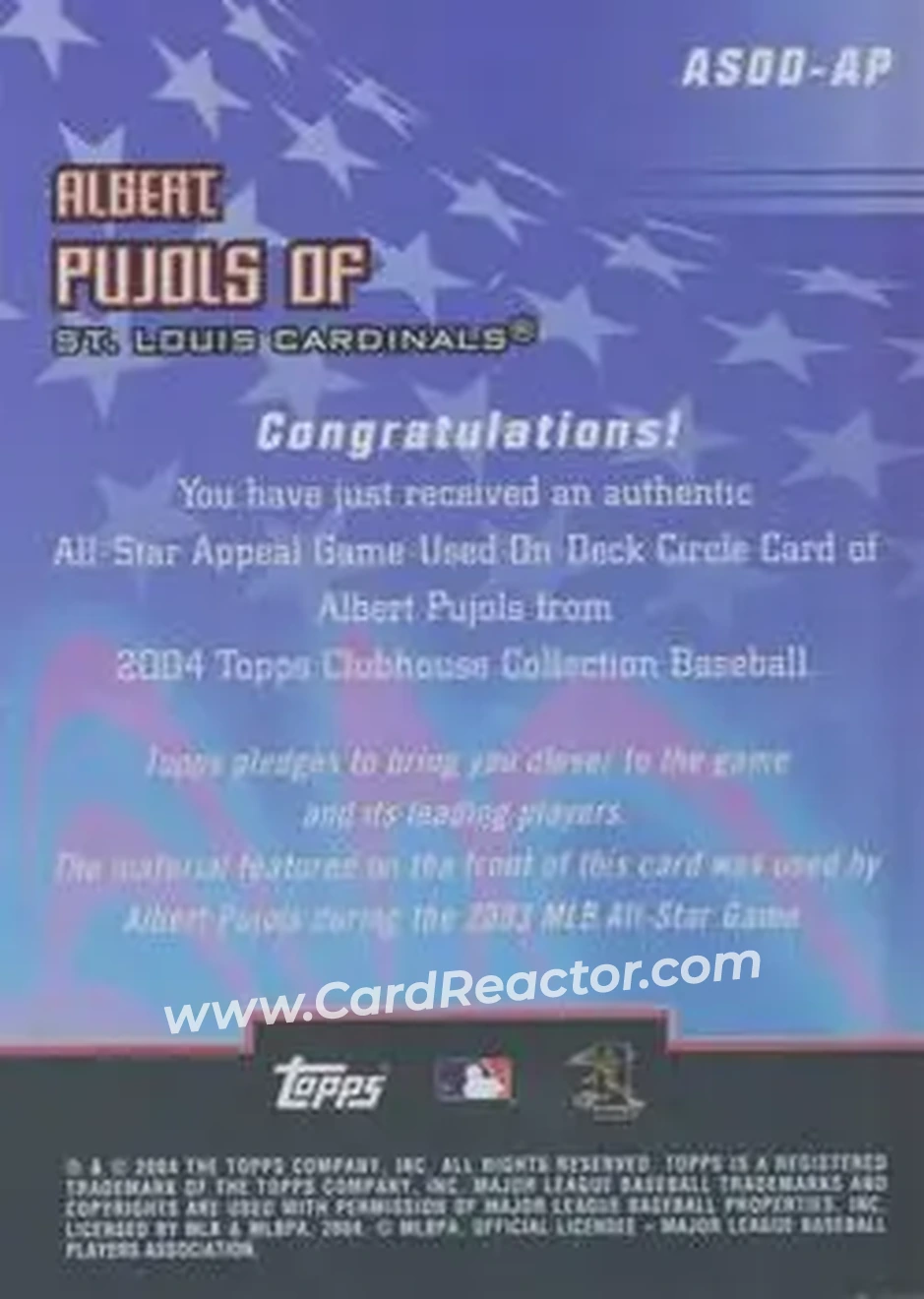 2004 Topps Clubhouse Collection - All-Star Appeal Relics On-Deck Circle #ASOD-AP - Albert Pujols - St. Louis Cardinals - Back 2004 Topps Clubhouse Collection - All-Star Appeal Relics On-Deck Circle #ASOD-AP - Albert Pujols - St. Louis Cardinals - Back