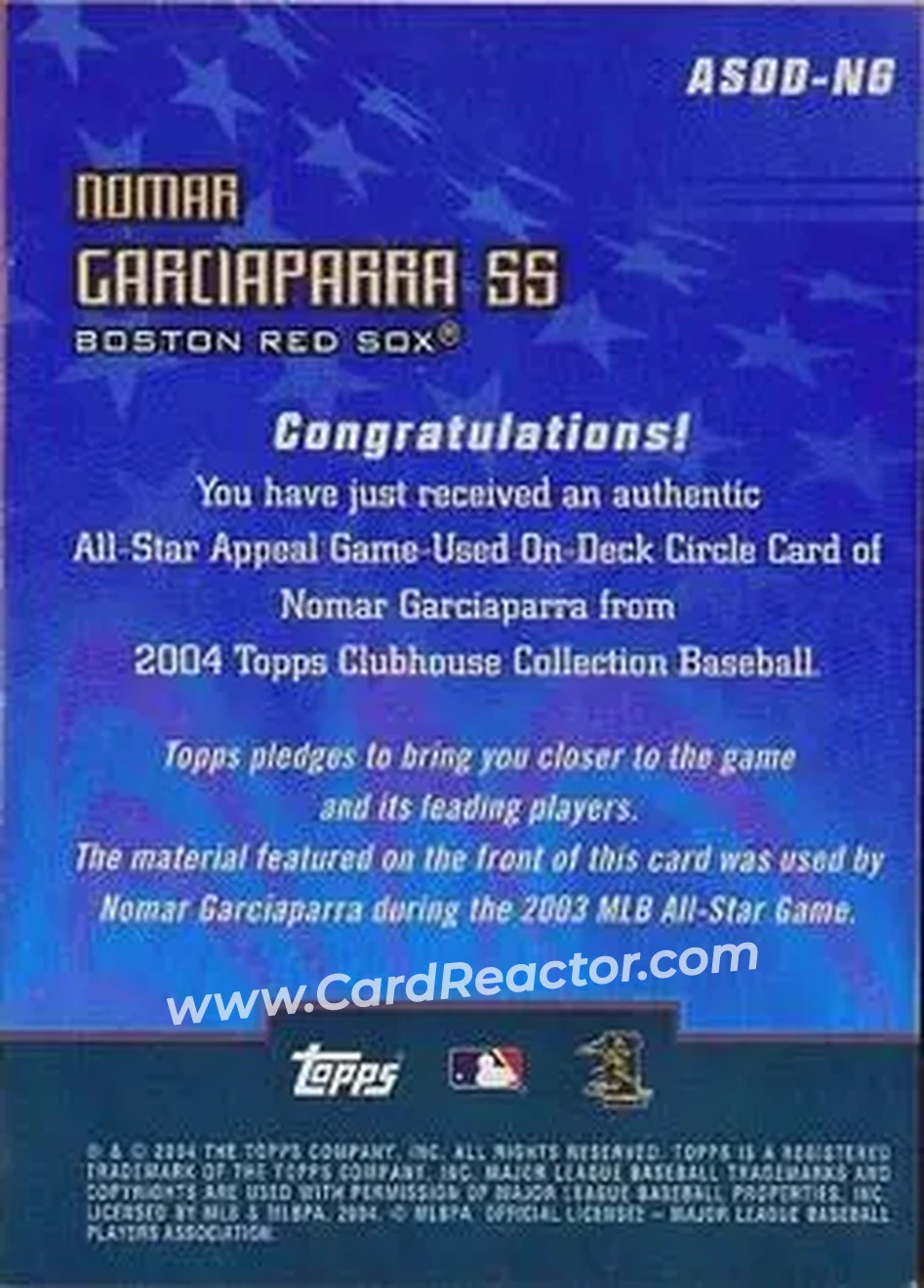 2004 Topps Clubhouse Collection - All-Star Appeal Relics On-Deck Circle #ASOD-NG - Nomar Garciaparra - Boston Red Sox - Back