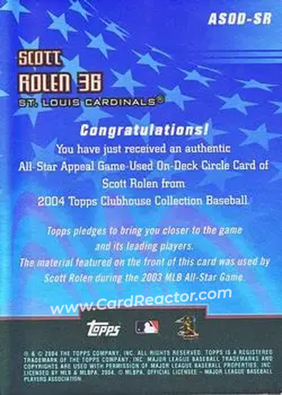 2004 Topps Clubhouse Collection - All-Star Appeal Relics On-Deck Circle #ASOD-SR - Scott Rolen - St. Louis Cardinals - Back