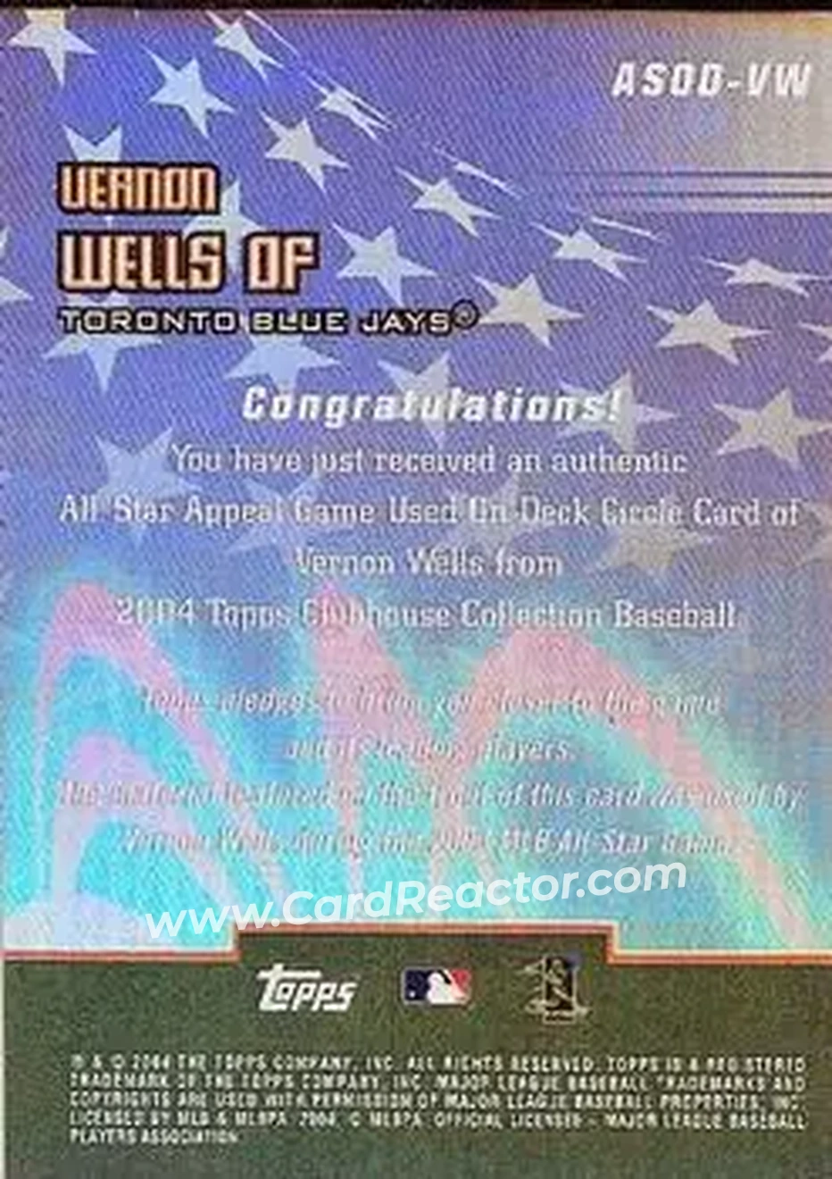 2004 Topps Clubhouse Collection - All-Star Appeal Relics On-Deck Circle #ASOD-VW - Vernon Wells - Toronto Blue Jays - Back