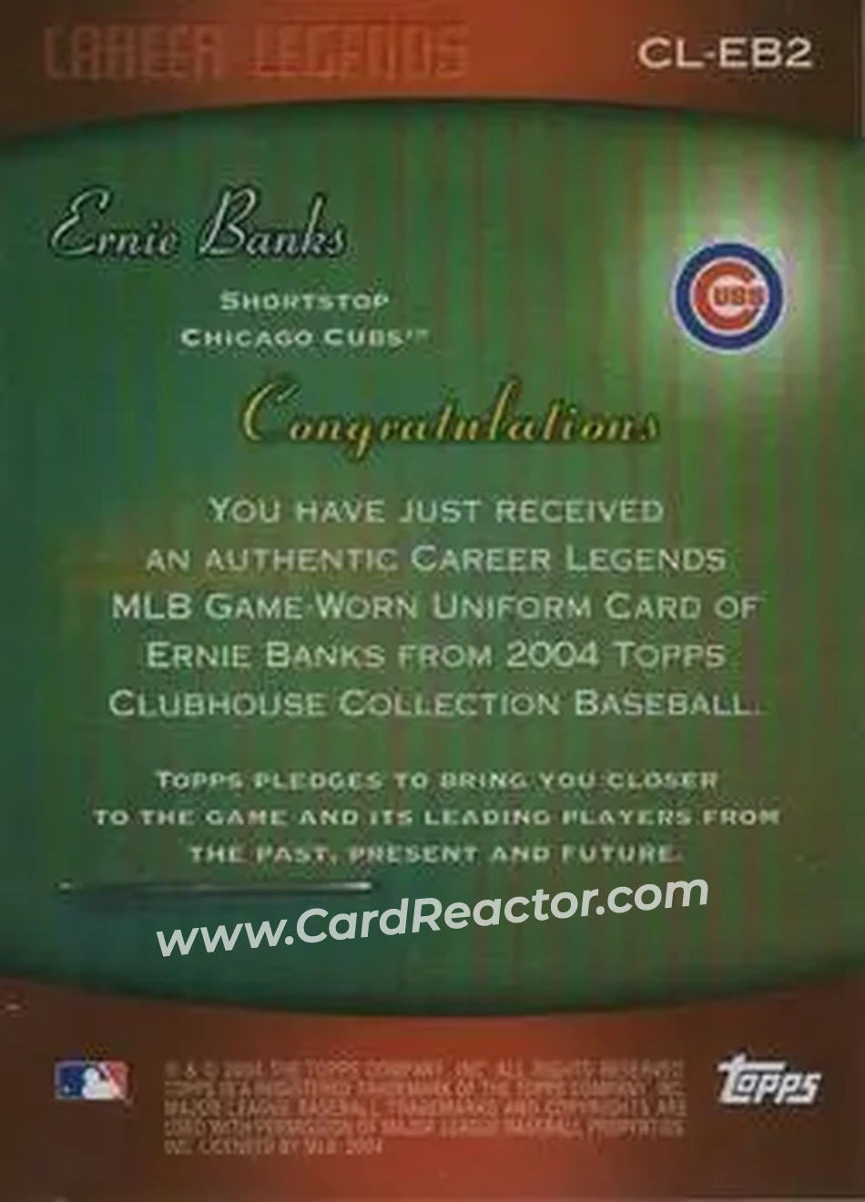 2004 Topps Clubhouse Collection - Career Legends Relics #EB2 - Ernie Banks - Chicago Cubs - Back 2004 Topps Clubhouse Collection - Career Legends Relics #EB2 - Ernie Banks - Chicago Cubs - Back