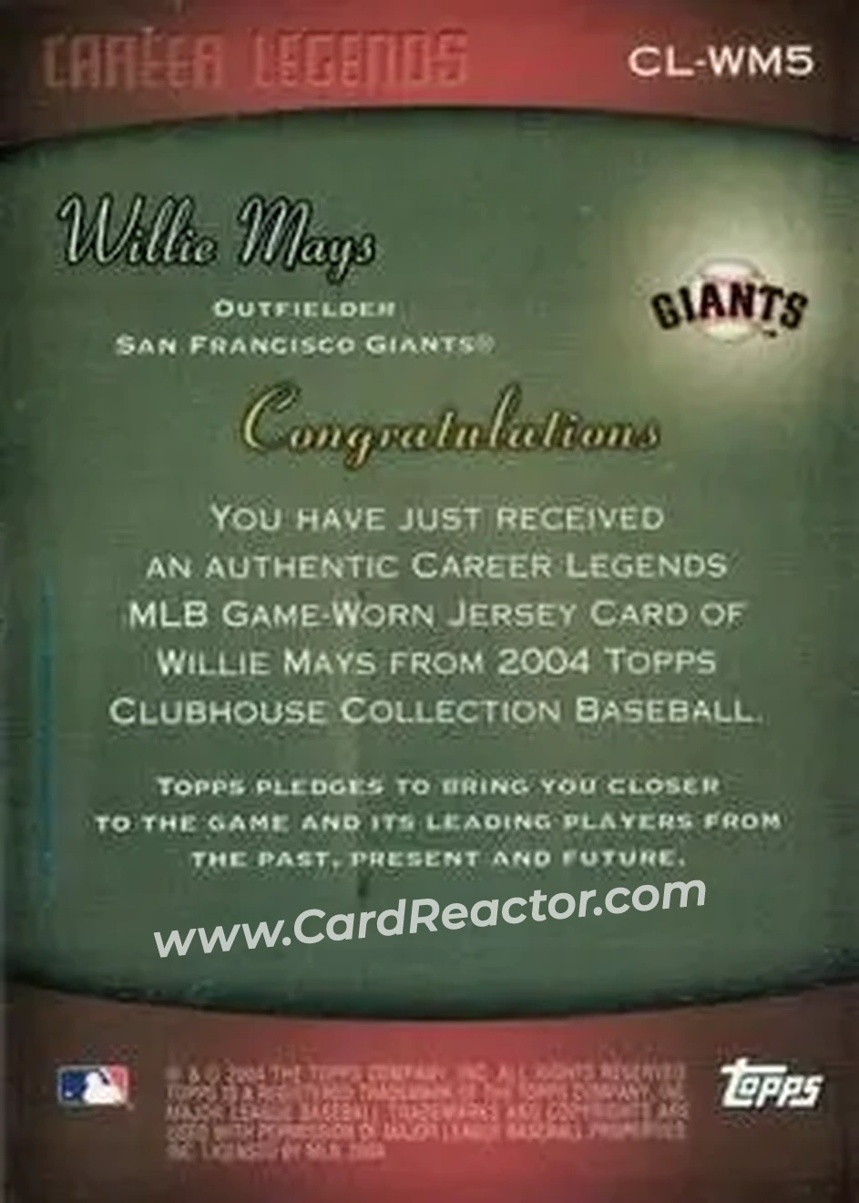 2004 Topps Clubhouse Collection - Career Legends Relics #WM5 - Willie Mays - San Francisco Giants - Back 2004 Topps Clubhouse Collection - Career Legends Relics #WM5 - Willie Mays - San Francisco Giants - Back