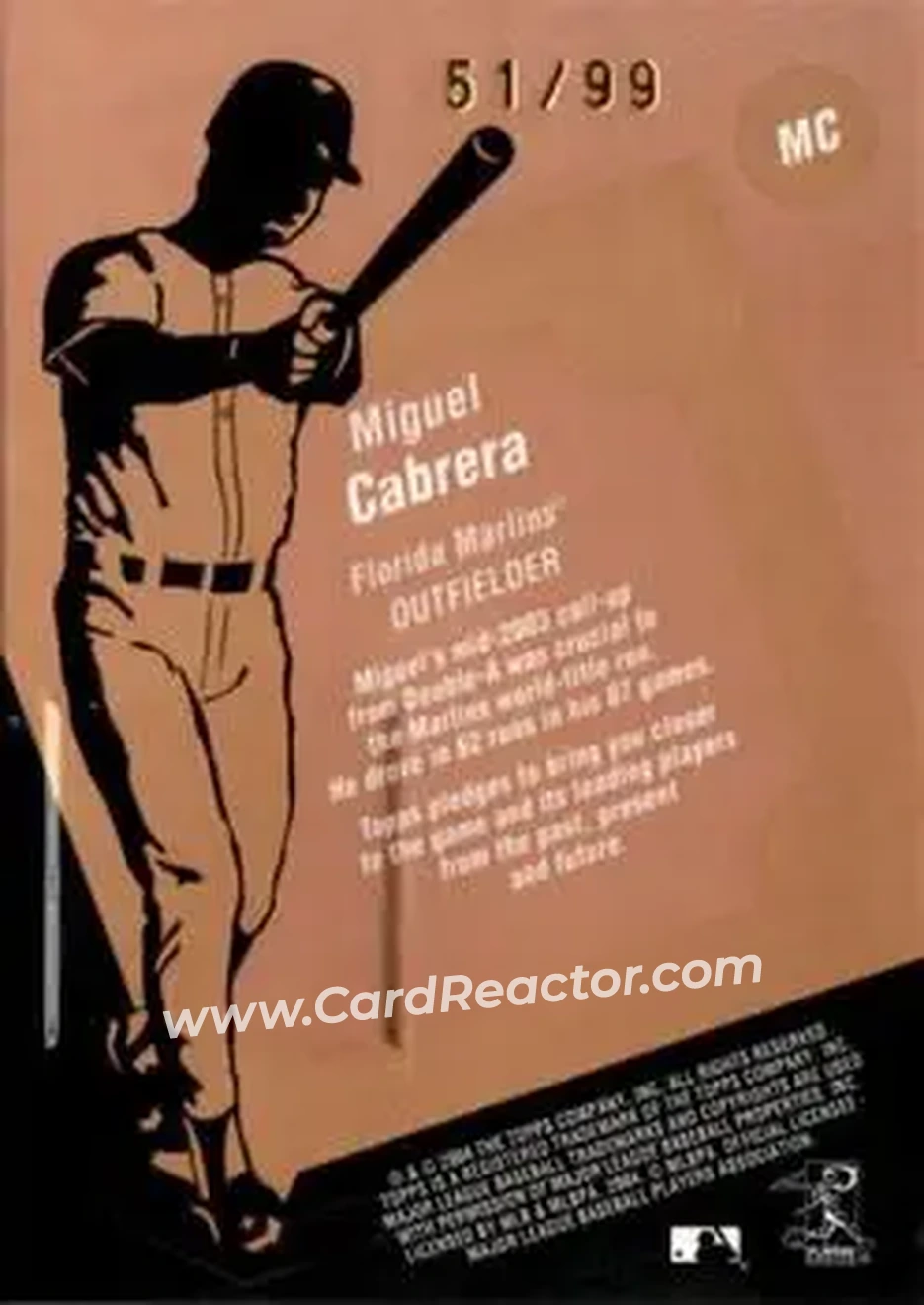 2004 Topps Clubhouse Collection - Copper Relics #MC - Miguel Cabrera - Florida Marlins - Back
