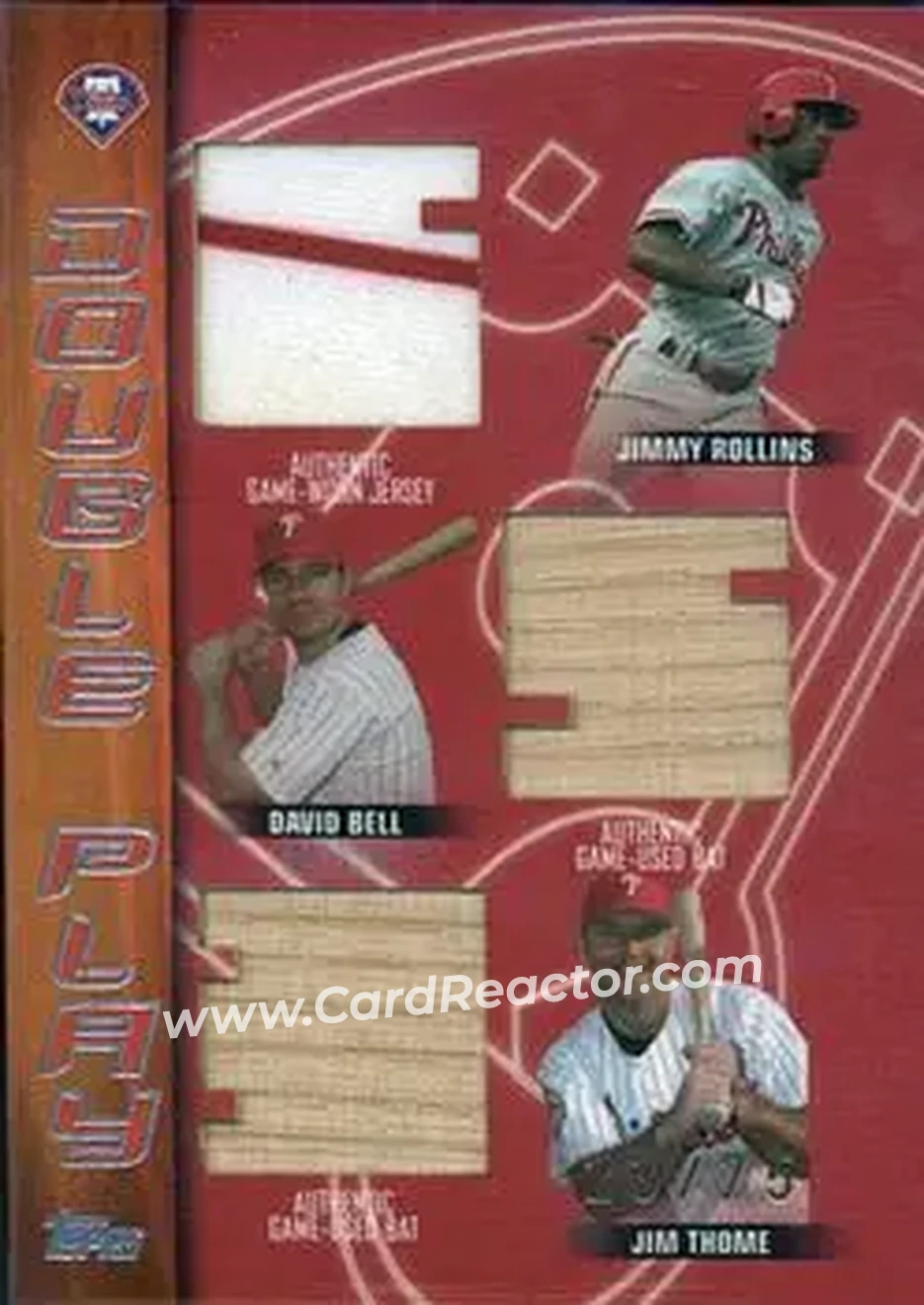 2004 Topps Clubhouse Collection - Double Play Relics #DP-PHI - Jimmy Rollins - David Bell - Jim Thome - Philadelphia Phillies - Front
