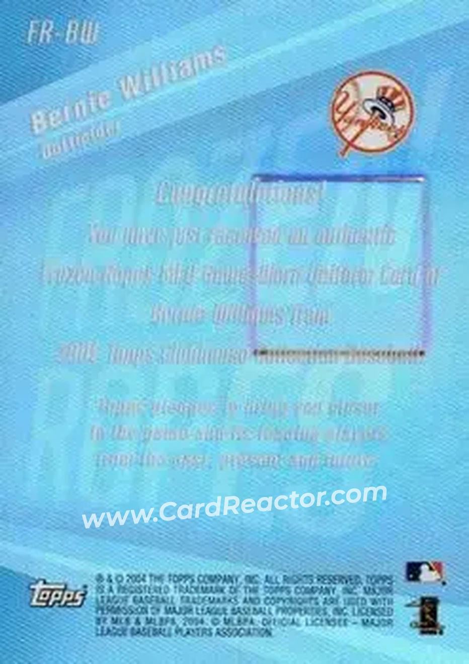 2004 Topps Clubhouse Collection - Frozen Ropes Relics #FR-BW - Bernie Williams - New York Yankees - Back
