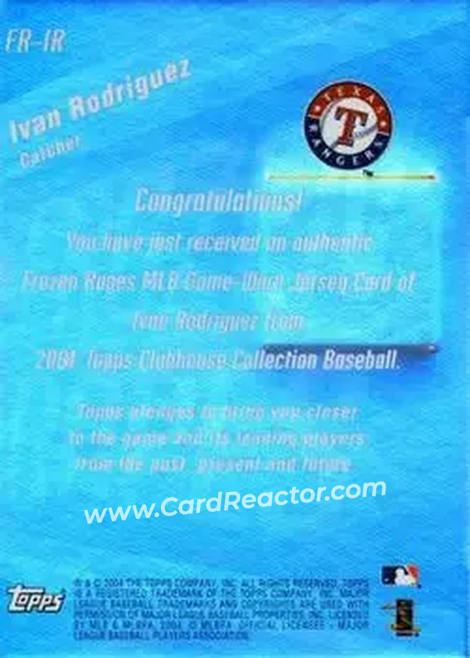 2004 Topps Clubhouse Collection - Frozen Ropes Relics #FR-IR - Ivan Rodriguez - Texas Rangers - Back