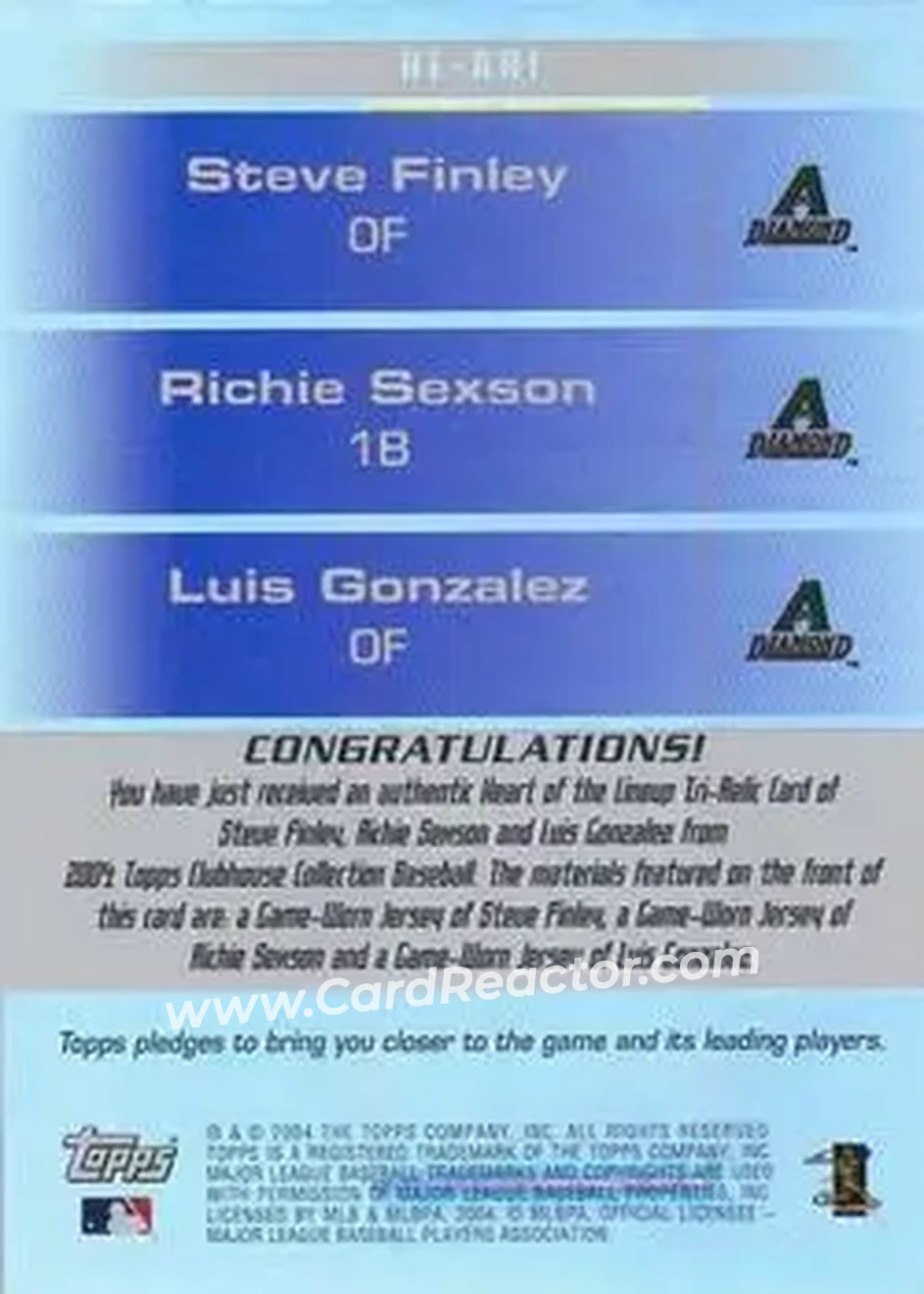 2004 Topps Clubhouse Collection - Heart of the Lineup Relics #HL-ARI - Steve Finley - Richie Sexson - Luis Gonzalez - Arizona Diamondbacks - Back
