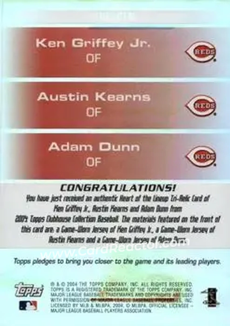 2004 Topps Clubhouse Collection - Heart of the Lineup Relics #HL-CIN - Ken Griffey Jr. - Austin Kearns - Adam Dunn - Cincinnati Reds - Back