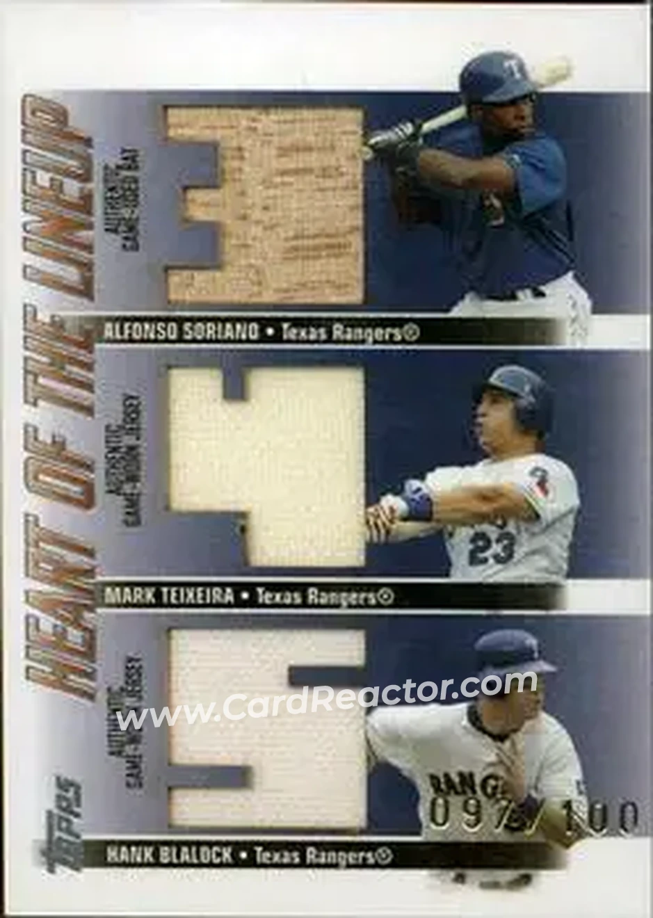2004 Topps Clubhouse Collection - Heart of the Lineup Relics #HL-TEX - Alfonso Soriano - Mark Teixeira - Hank Blalock - Texas Rangers - Front 2004 Topps Clubhouse Collection - Heart of the Lineup Relics #HL-TEX - Alfonso Soriano - Mark Teixeira - Hank Blalock - Texas Rangers - Front