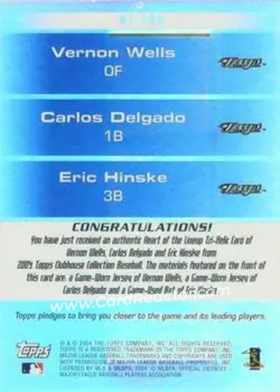 2004 Topps Clubhouse Collection - Heart of the Lineup Relics #HL-TOR - David Wells - Carlos Delgado - Eric Hinske - Toronto Blue Jays - Back